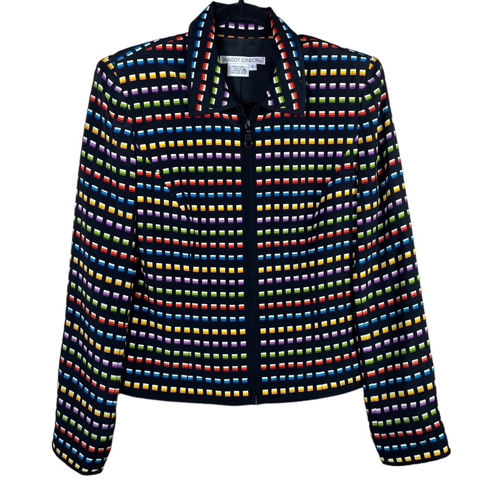 Maggy London 100% Silk Zip Front Jacket Blazer Black Ombré‎ Squares Lined Size 6